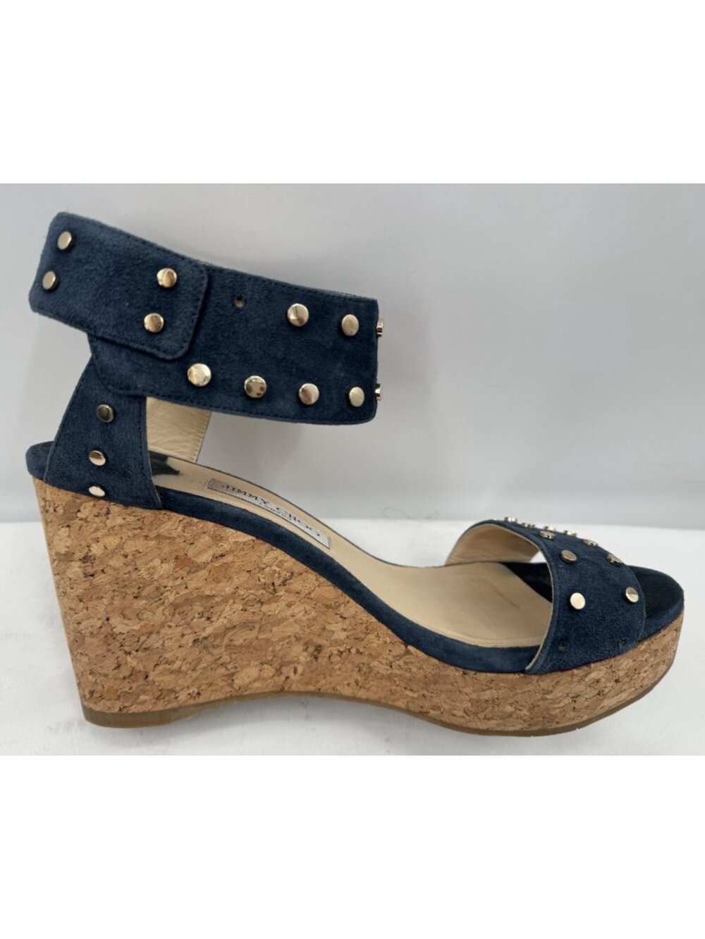 JIMMY CHOO Dark Navy Suede Studded Cork Nelly Wedge Sandals Heels Shoes Sz 41.5 - Picture 15 of 16